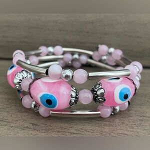 Pink Evil Eye Coil Bracelet for Women/Teen Girls